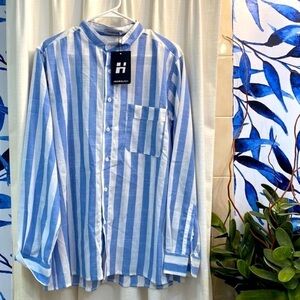 NWT Men’s Blue & White Striped Cotton Hawalili Long Sleeve Button down Size L